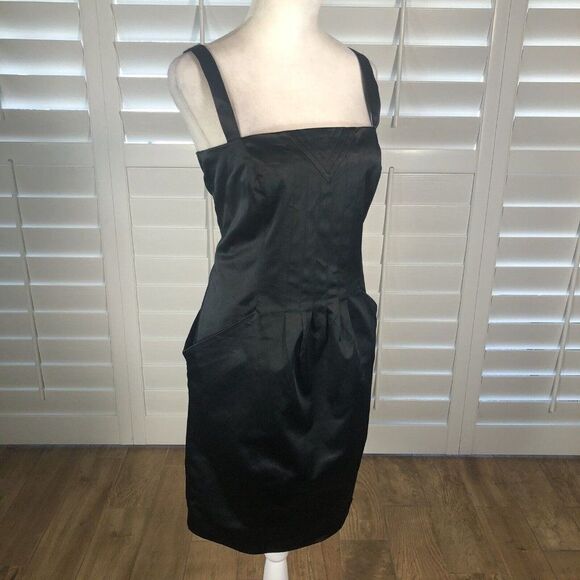 Margit Brandt Copenhagen Black Satin Cocktail Dress M Pencil Sheath Pockets Chic - Picture 2 of 12